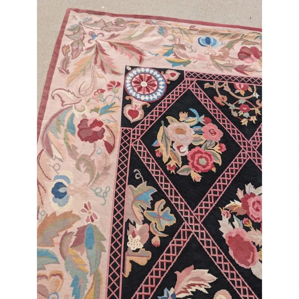 Antique  Aubusson Style Needlepoint Floral  Rug Carpet 13.6 X 9.9 Feet. Estate